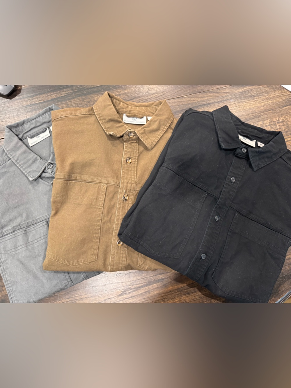 Lot of 3 Men’s Size Large Rugged Element Utility Shirts in Black, Tan, Gray